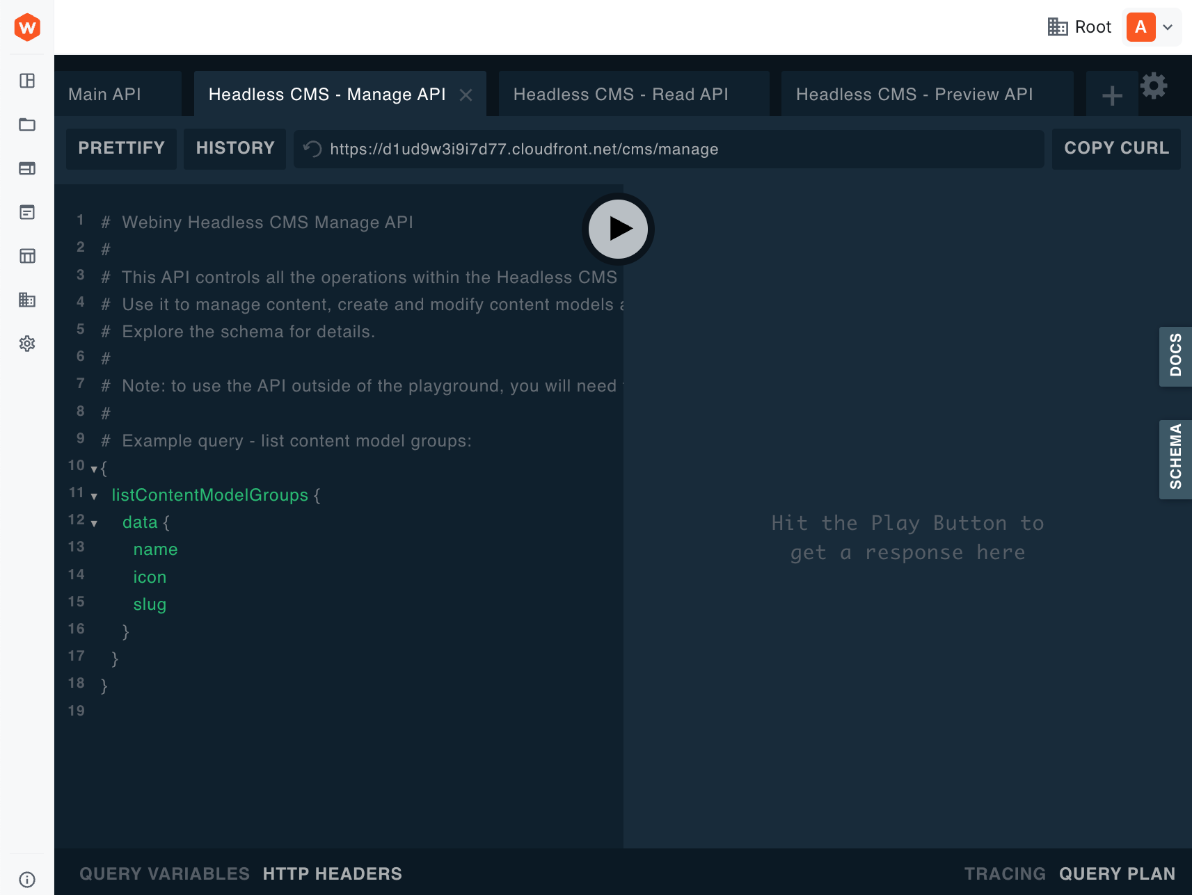 API Playground interface showing the API URL at the top
